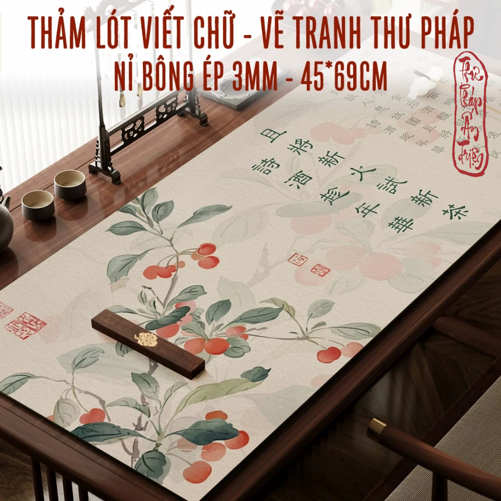Thảm lót thư pháp - Thảm nỉ luyện viết chữ 45*69cm in nền tranh thủy mặc hoa trúc decor bàn học góc làm việc