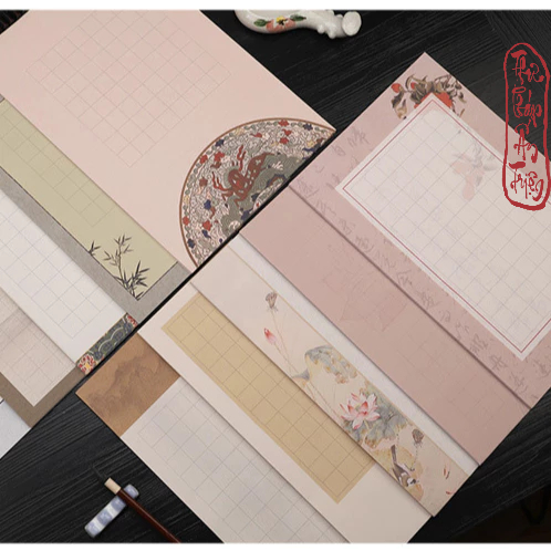 20 Tờ Giấy Xuyến Chỉ Kẻ Ô Luyện Viết Thư Pháp Tiểu Khải Cổ Phong Thủy Mặc Hoa Sen - Hình ảnh 6