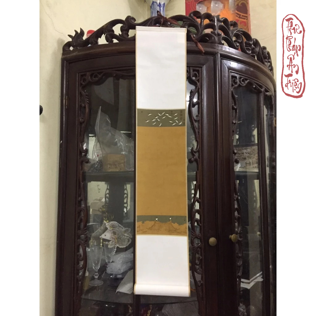 Biểu bo lụa nền tranh bạch hạc giả cổ viết thư pháp - Hình ảnh 3