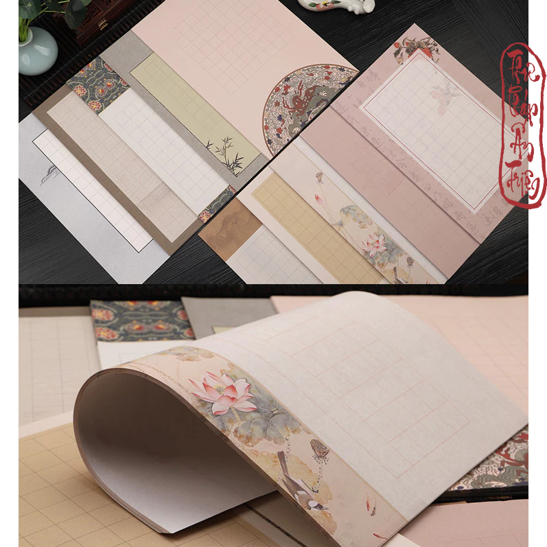 20 Tờ Giấy Xuyến Chỉ Kẻ Ô Luyện Viết Thư Pháp Tiểu Khải Cổ Phong Thủy Mặc Hoa Sen - Hình ảnh 9