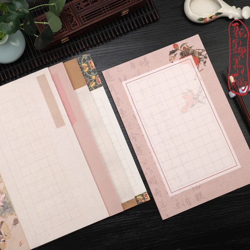 20 Tờ Giấy Xuyến Chỉ Kẻ Ô Luyện Viết Thư Pháp Tiểu Khải Cổ Phong Thủy Mặc Hoa Sen - Hình ảnh 5