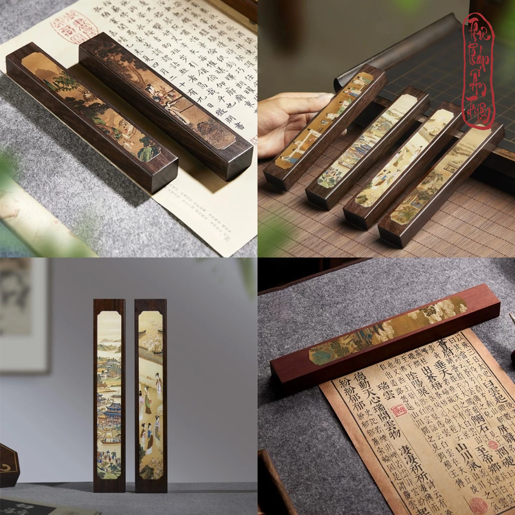 Chặn Giấy Gỗ Cẩm Thị Bách Hoạ Đồ Chặn Thước Kẻ Văn Phòng Tứ Bảo Viết Thư Pháp Decor Bàn Luyện Chữ
