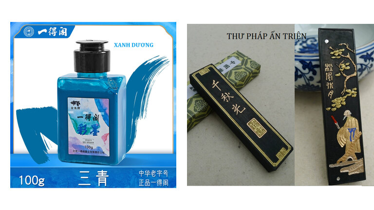 Mực nước và mực thỏi thư pháp đặt cạnh nhau